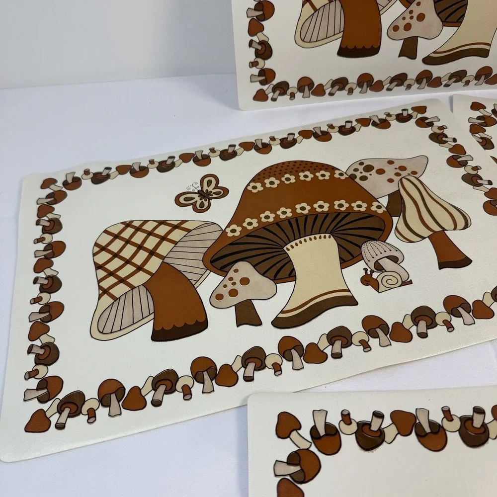 Vintage MOD Brown Mushroom Butterfly Vinyl Foam Placemat 70s Retro Lot of 4 MCM